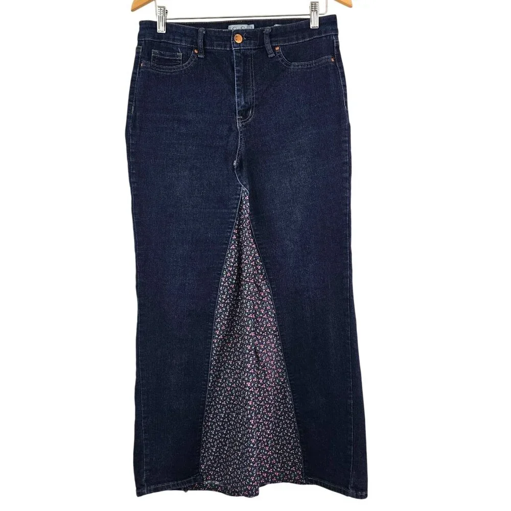 Upcycled Blue Denim Jeans Bohemian Maxi Skirt Sz 12 Hand Sewn With Floral Panels